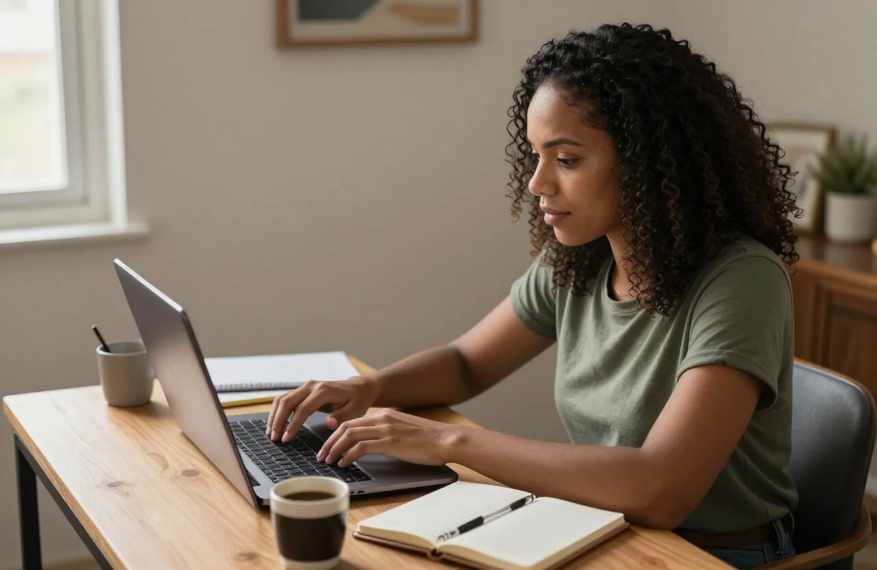 Pessoa brasileira trabalhando em um notebook em uma mesa simples em casa, renda extra