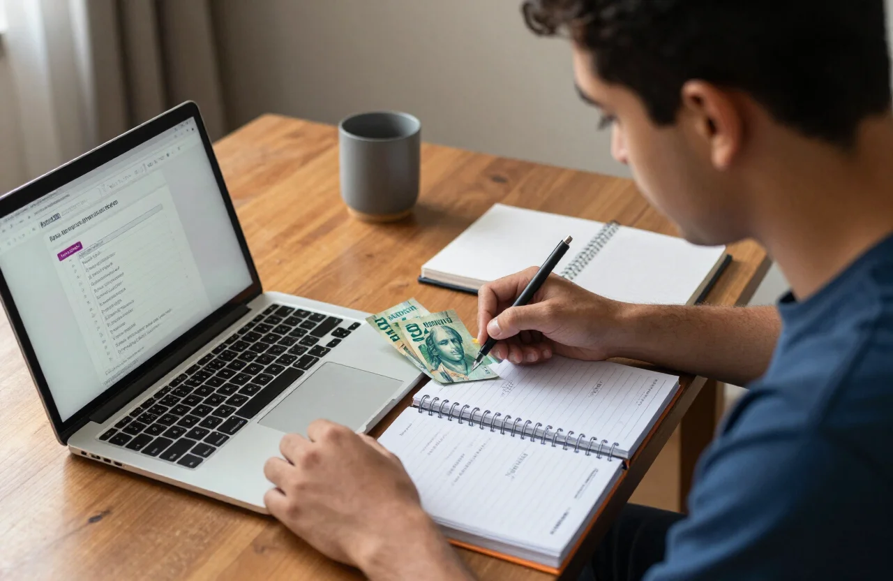 Pessoa brasileira dividindo o orçamento do mês no notebook e no computador