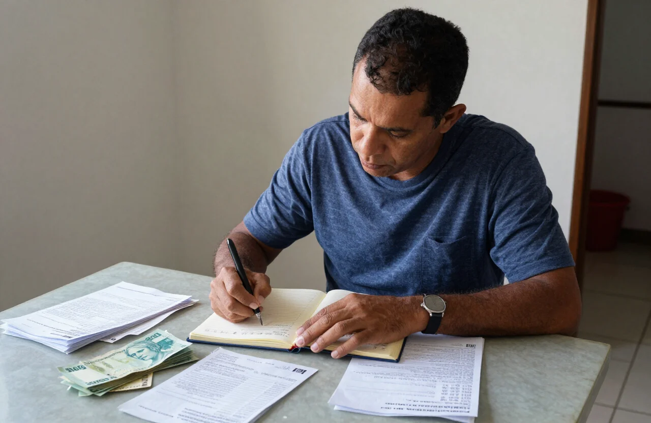 Pessoa brasileira revisando contas e recibos em um caderno sobre a mesa de casa