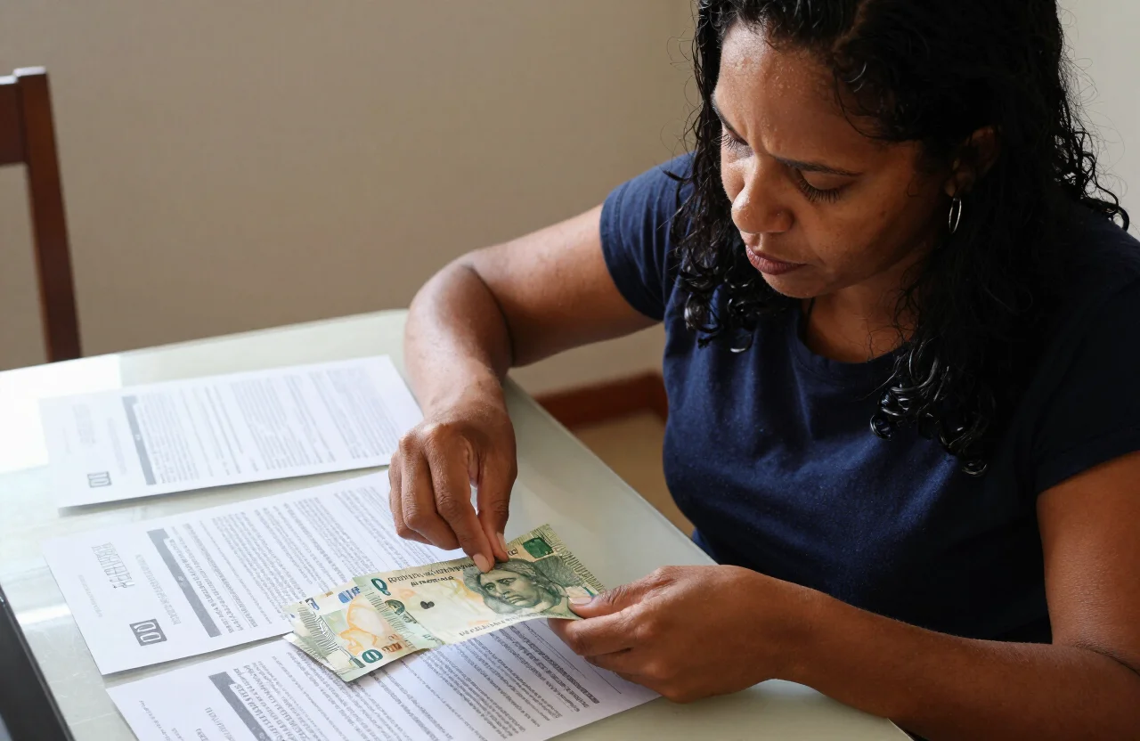 Pessoa brasileira separando boletos e cartas de credores sobre a mesa, decidindo o que pagar primeiro