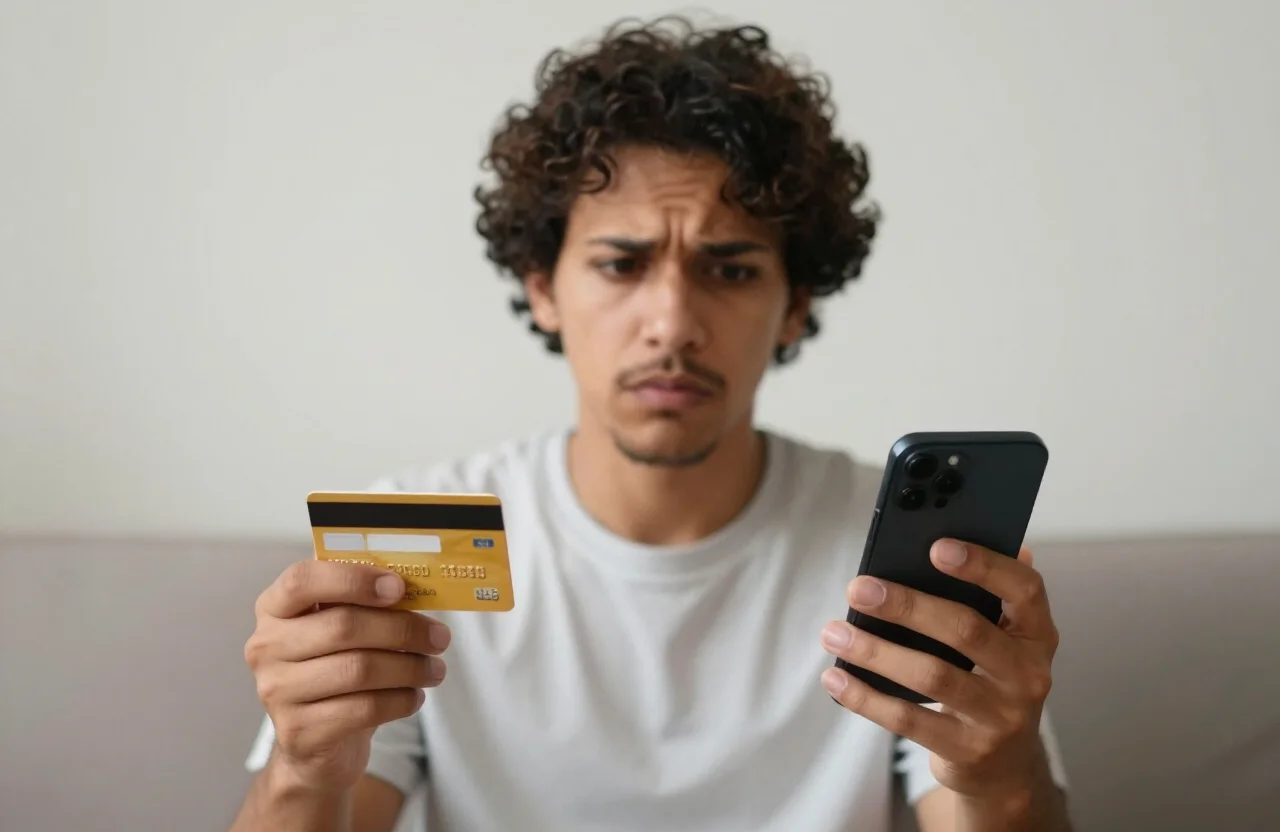 Pessoa brasileira segurando cartão de crédito e celular com a fatura aberta